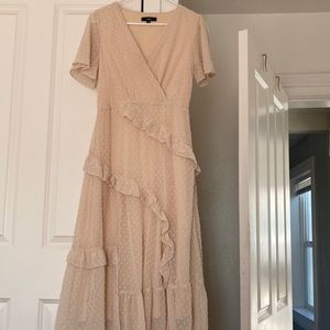 Lulu’s Next to You Cream Swiss Dot Ruffled Midi Dress